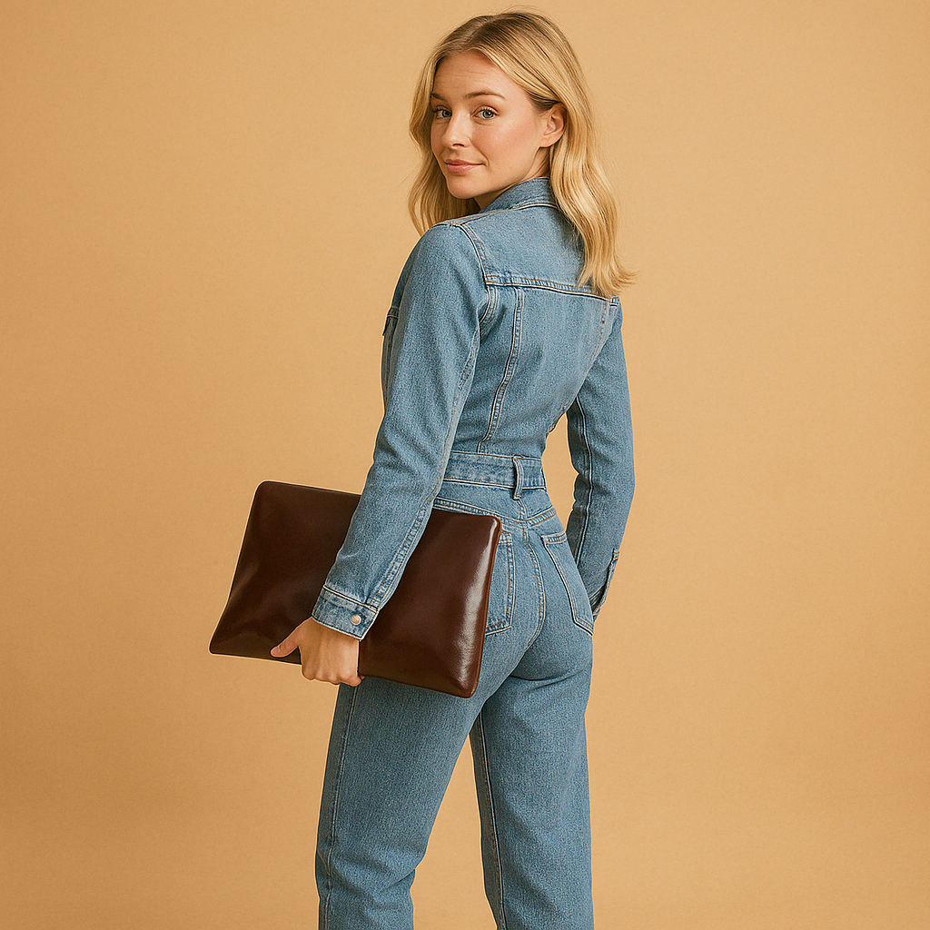 Denim long-sleeve jumpsuit for women with straight-leg fit and casual chic design, perfect for everyday wear in any season.