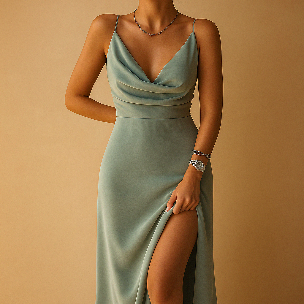 Elegant maxi dress for women with flowing fit and V-neck, perfect for weddings, galas, and formal events.