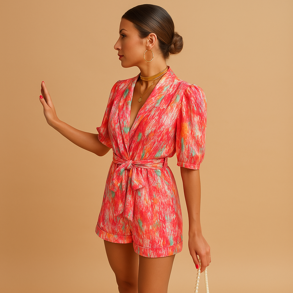 Short printed summer jumpsuit for women with flattering waist belt and lightweight fit, ideal for warm days and casual outings.