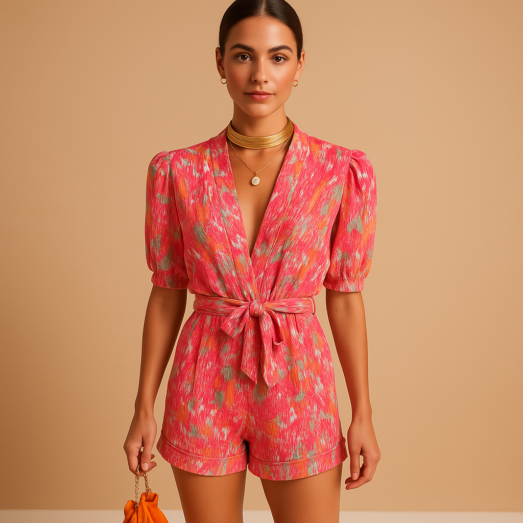 Short printed summer jumpsuit for women with flattering waist belt and lightweight fit, ideal for warm days and casual outings.