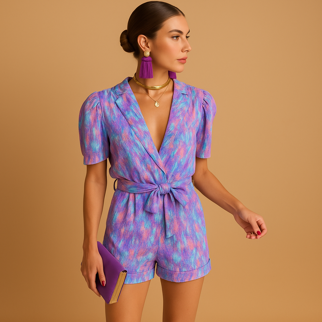 Short printed summer jumpsuit for women with flattering waist belt and lightweight fit, ideal for warm days and casual outings.