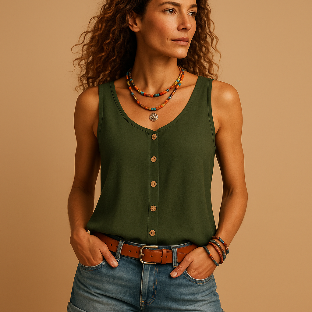 Sleeveless V-neck summer top for women with relaxed fit and vibrant colors, perfect for casual outfits and warm sunny days.
