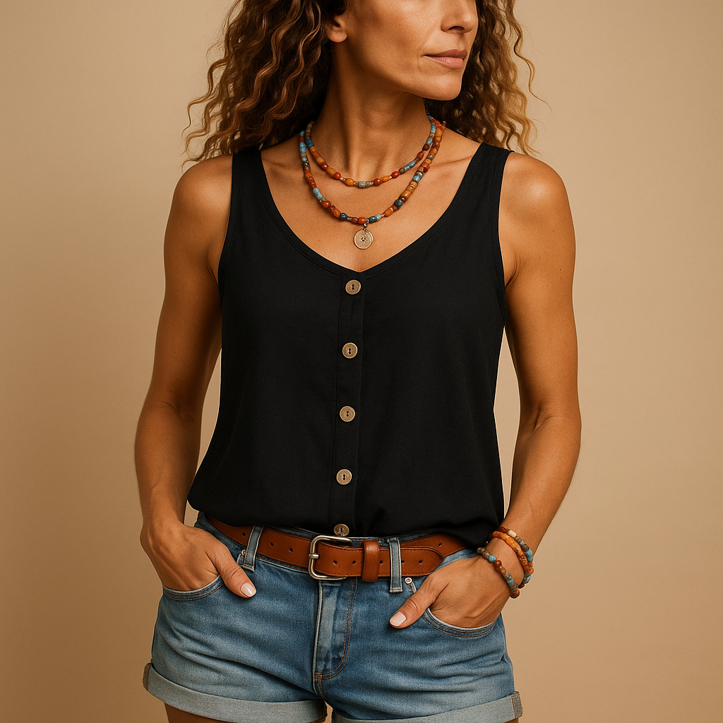 Sleeveless V-neck summer top for women with relaxed fit and vibrant colors, perfect for casual outfits and warm sunny days.