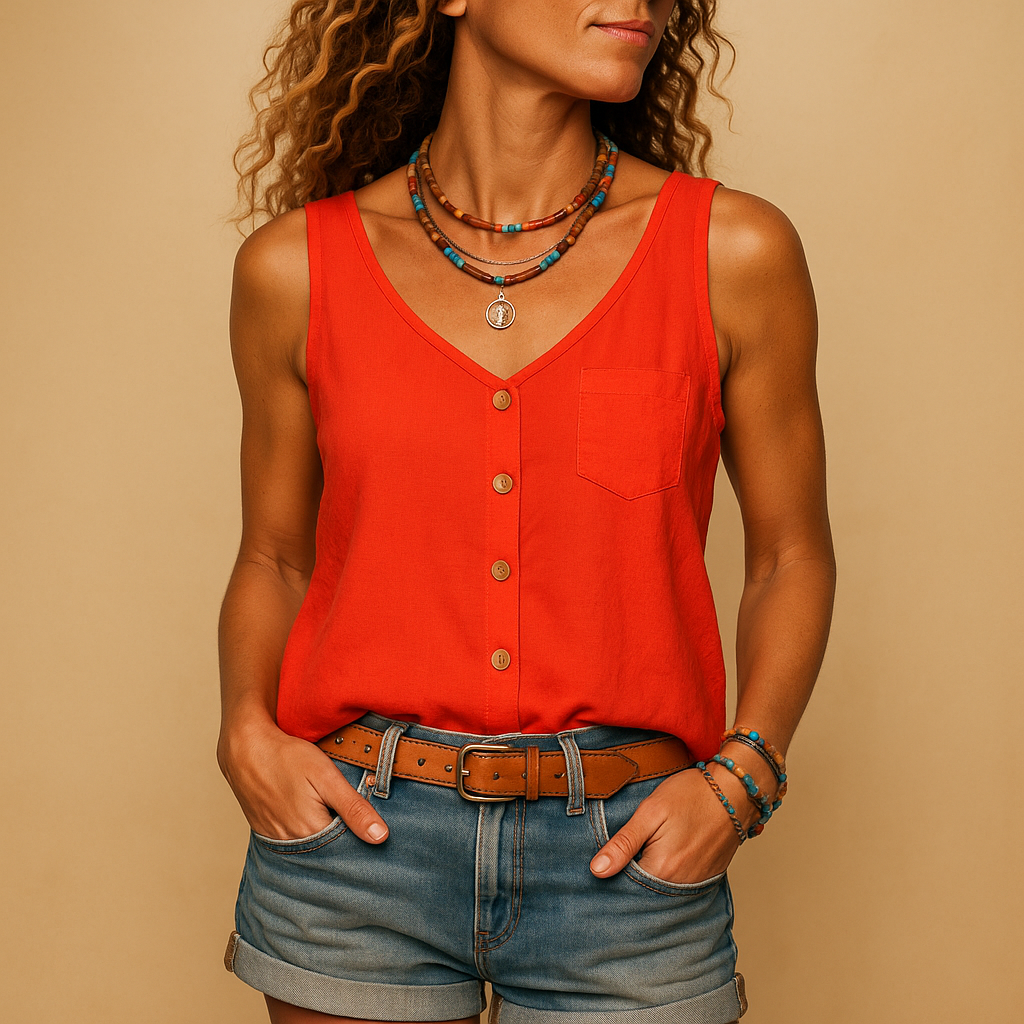 Sleeveless V-neck summer top for women with relaxed fit and vibrant colors, perfect for casual outfits and warm sunny days.