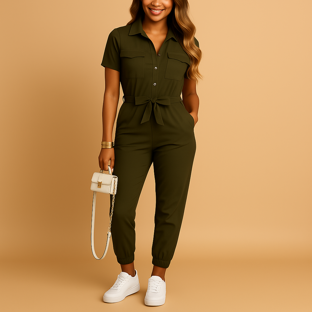 Tailored button jumpsuit for women with flattering silhouette and refined details, perfect for work, brunch, or evening occasions.