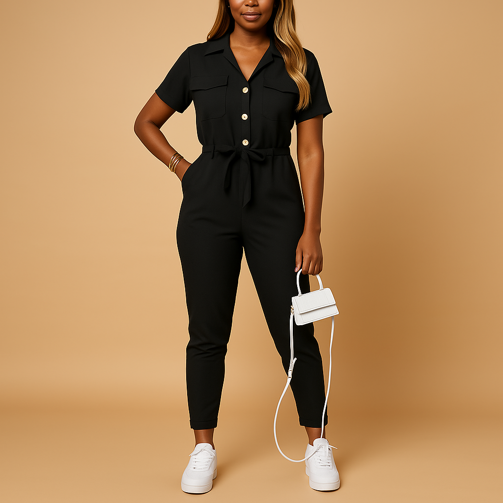 Tailored button jumpsuit for women with flattering silhouette and refined details, perfect for work, brunch, or evening occasions.