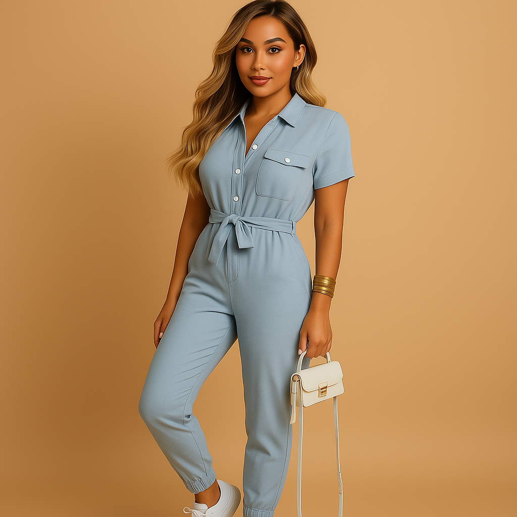 Tailored button jumpsuit for women with flattering silhouette and refined details, perfect for work, brunch, or evening occasions.