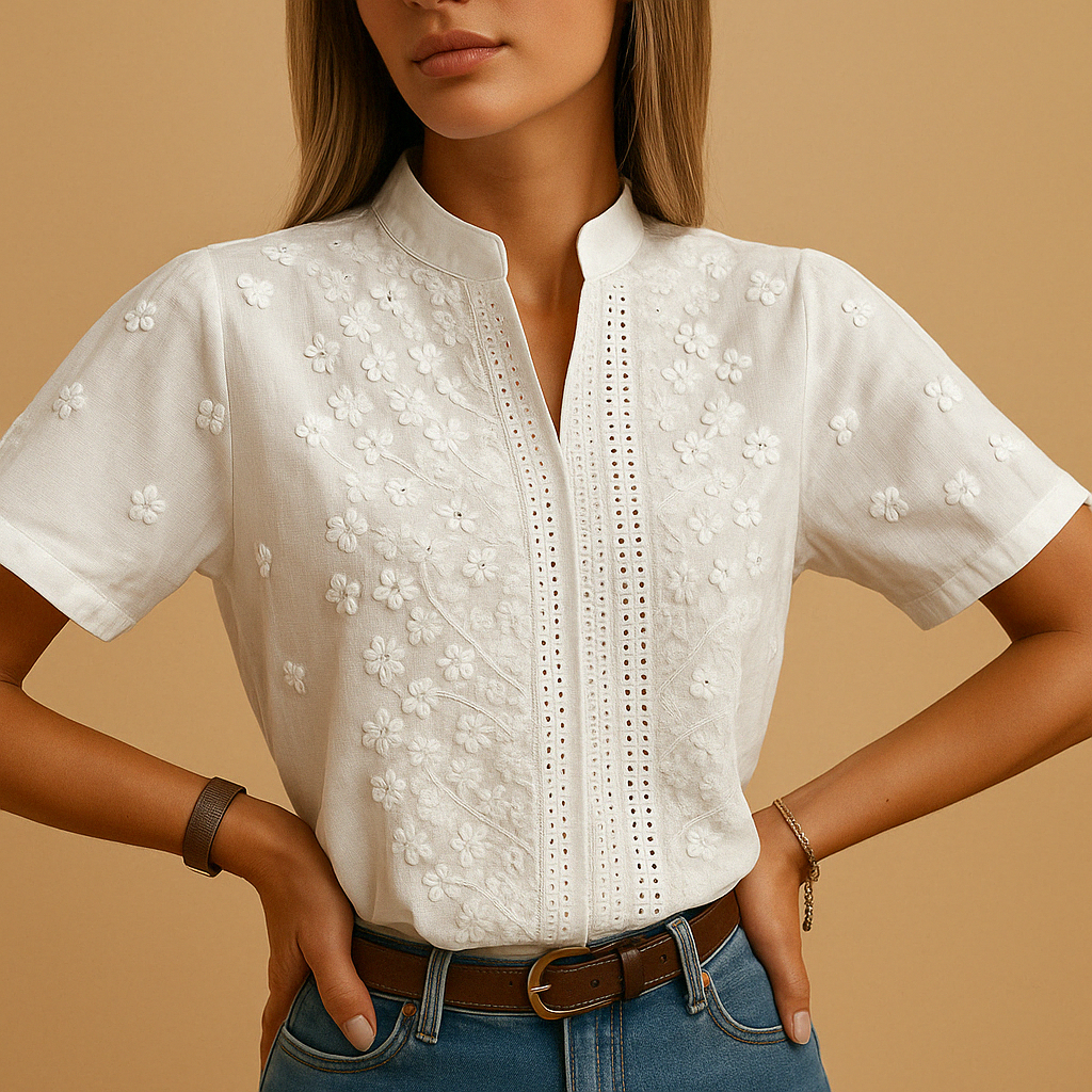 White elegant blouse for women with classic collar and tailored fit, perfect for work, casual wear, or evening outings.