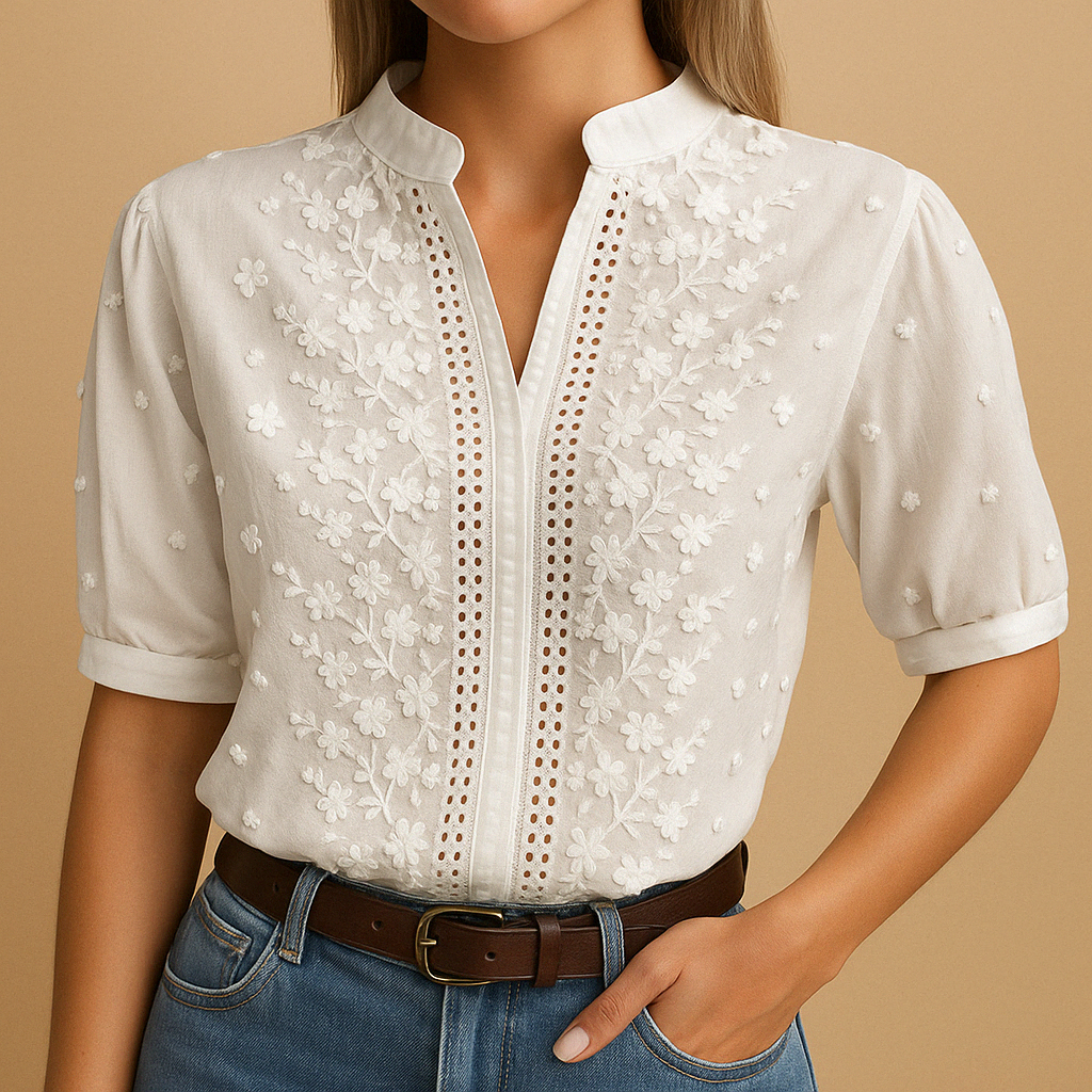 White elegant blouse for women with classic collar and tailored fit, perfect for work, casual wear, or evening outings.